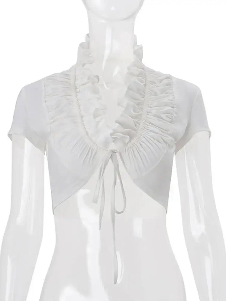 Sexy Deep V Neck Ruched White Crop Top With Ruffles And Lace Up Short Sleeves