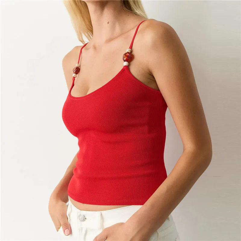Bead Front Spaghetti Strap Cami Top Casual Sleeveless Crop Top Slim Fit