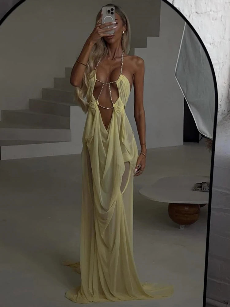 Sheer Halter Gown With Chain Detailing Backless Sleeveless