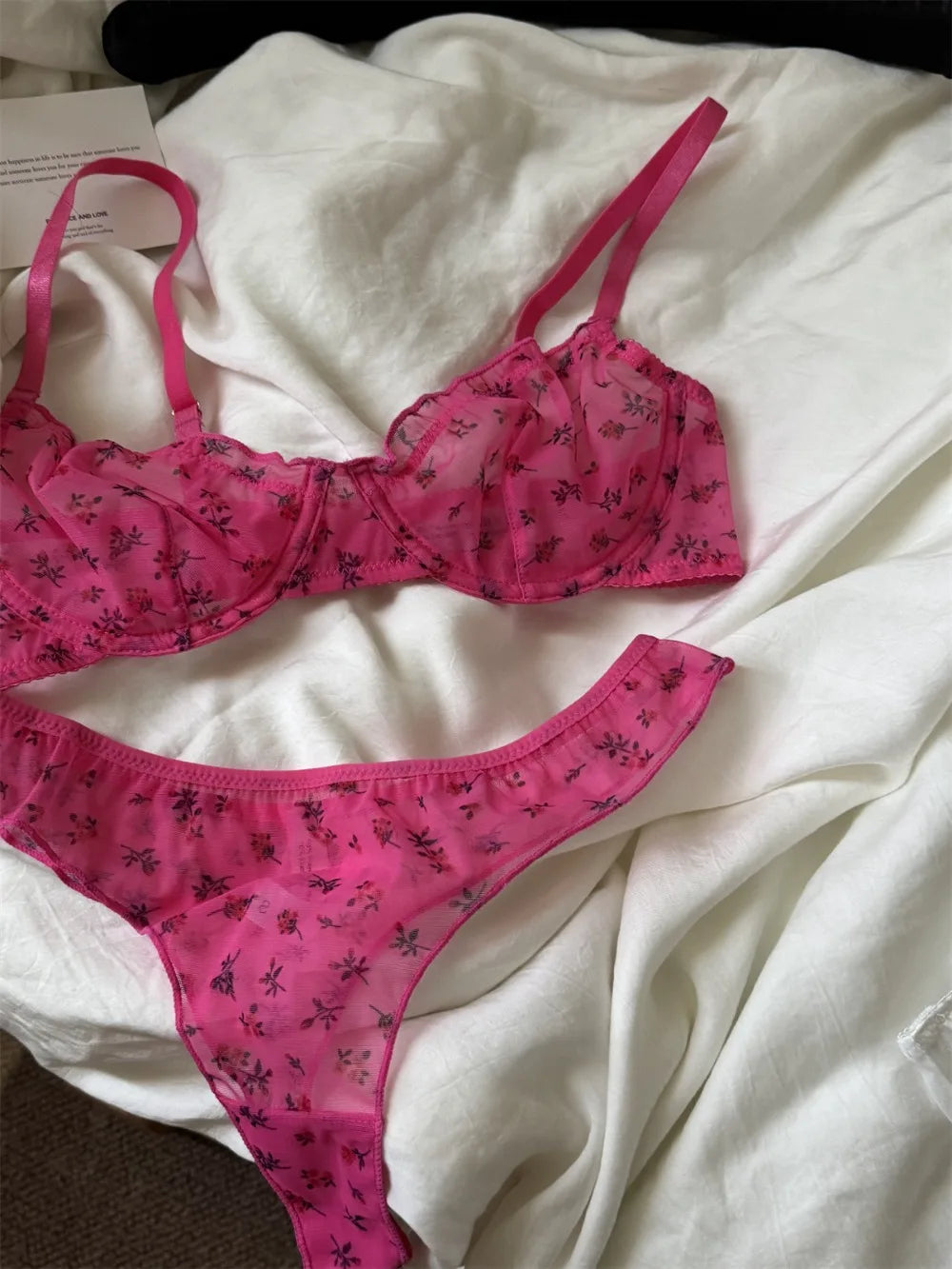 French Ultra Thin Lace Floral Lingerie Set With Plunge Mesh Bra And Matching Thong