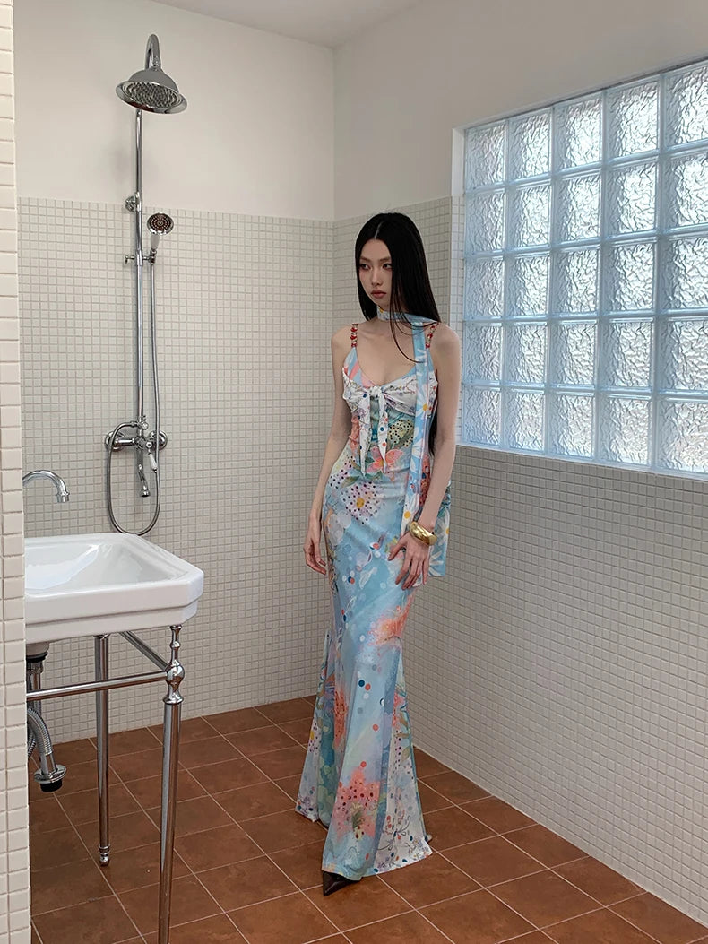Floral Maxi Dress With Backless Design V Neck Halter Dress