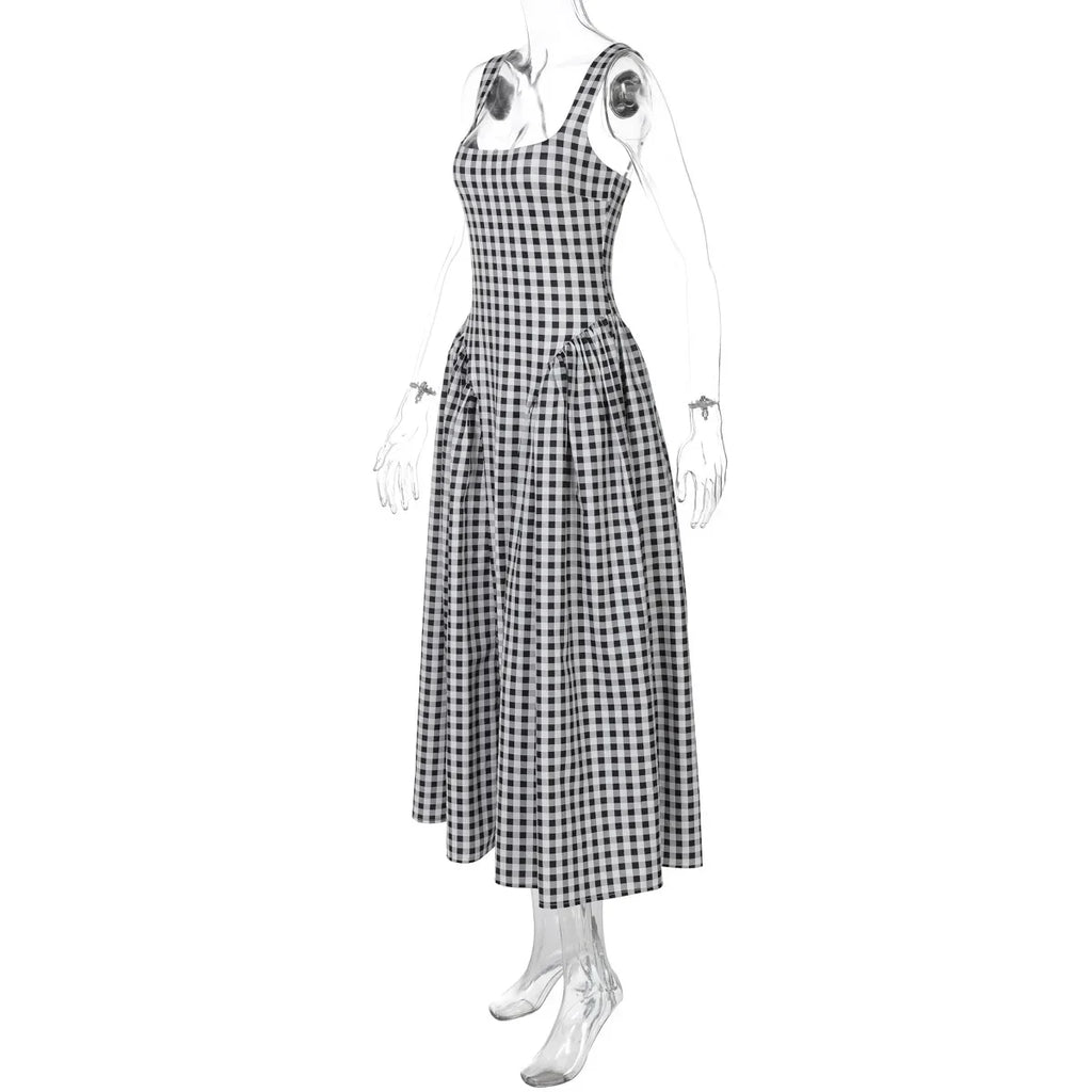 Gingham Square Neck A-Line Midi Dress With Pockets