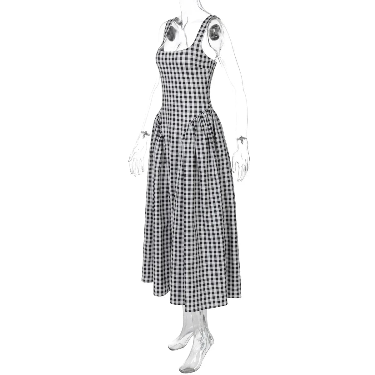 Gingham Square Neck A-Line Midi Dress With Pockets