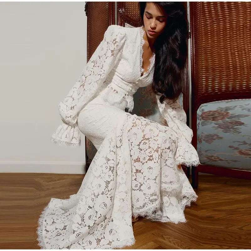 Delicate Lace V-Neck Peplum Top With Flare Sleeves And High Waist Mermaid Hem Elegant Evening Set
