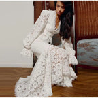 Delicate Lace V-Neck Peplum Top With Flare Sleeves And High Waist Mermaid Hem Elegant Evening Set