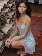 Fashion Mesh Women Light Blue Ruffled Chiffon Mini Cocktail Sexy Strapless A-line Dress