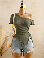Ribbed One Shoulder Top With Asymmetrical Hem, Drawstring Ruched Detailing