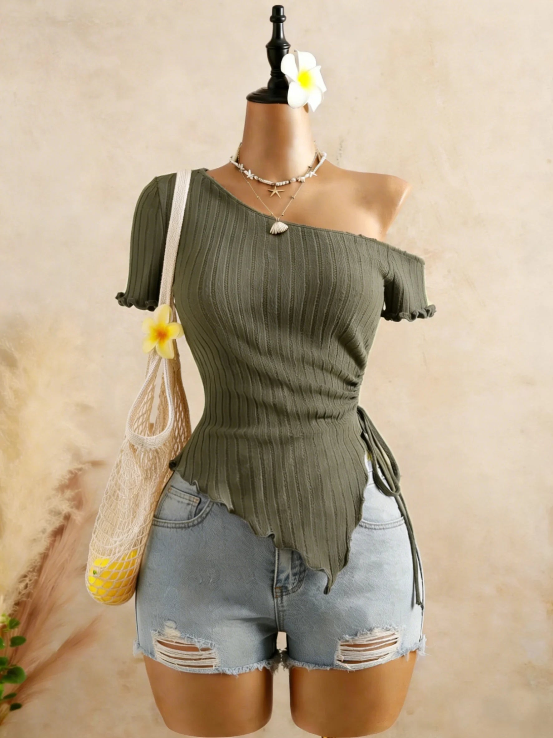 Ribbed One Shoulder Top With Asymmetrical Hem, Drawstring Ruched Detailing