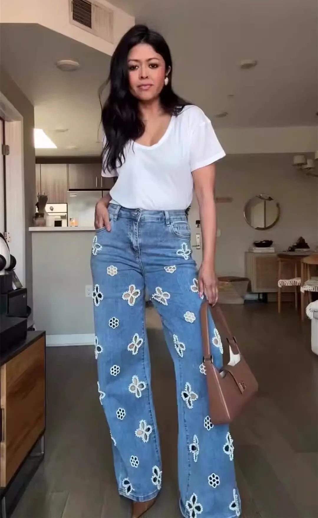 Glam Night Out Beaded Denim Jeans With Pearl Embellishments