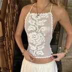 Bohemian Crochet Cami Top With Open Back And Floral Pattern Halter