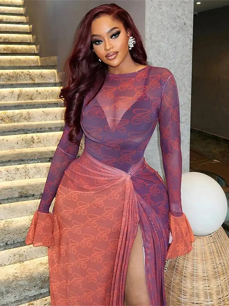 Vivid Patchwork See Through Dress With Flare Sleeves And Side Split