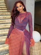 Vivid Patchwork See Through Dress With Flare Sleeves And Side Split