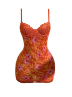 Lace Mini Dress With Spaghetti Straps High Waist Backless Retro Print