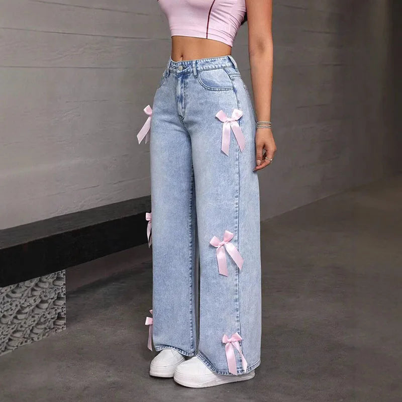 Street Chic Bowknot Denim Jeans With Loose Straight Wide Leg Silhouette In Washed Finish