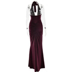 Deep V-Neck Backless Ruched Maxi Dress Halter Gown
