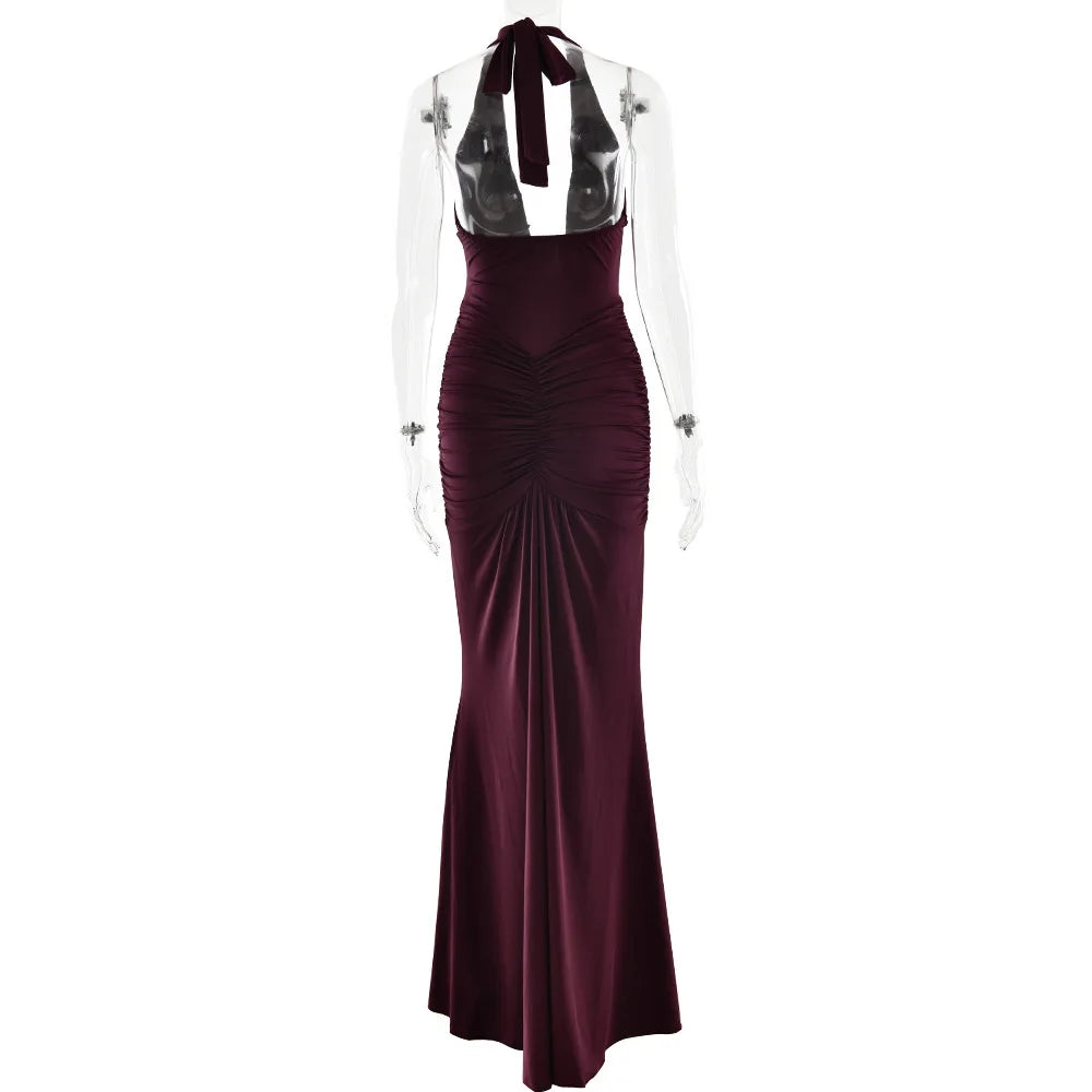 Deep V-Neck Backless Ruched Maxi Dress Halter Gown