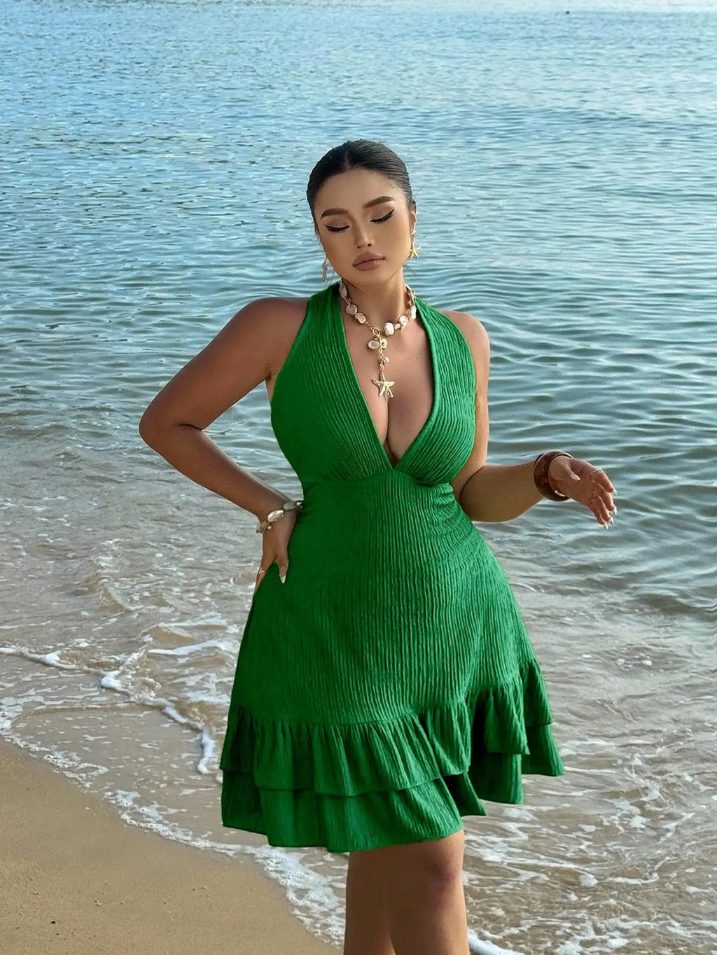 Plus Size Halter Dress With Deep V Neck And Ruffles