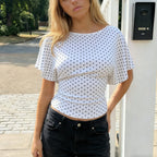 Boat Neck Polka Dot Crop Top With Flutter Sleeves In Loose Fit