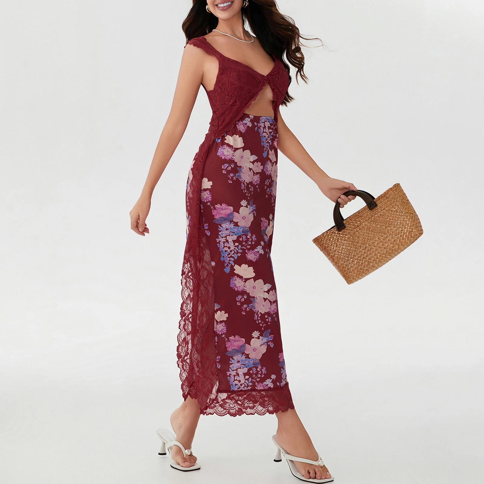 Floral Lace Patchwork Bodycon Dress Cutout Vneck Backless