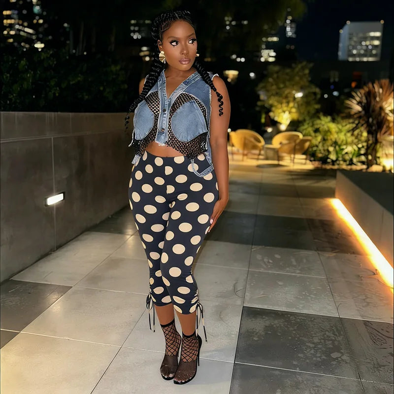 Polka Dot Patchwork Capri Pants With Drawstring Waist