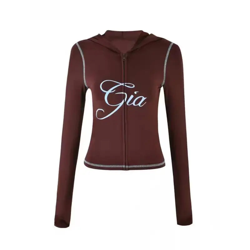 Two Piece Slim Fit Letter Print Hooded Zipper Jacket And Pants Set Open Thread Design