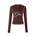 Two Piece Slim Fit Letter Print Hooded Zipper Jacket And Pants Set Open Thread Design