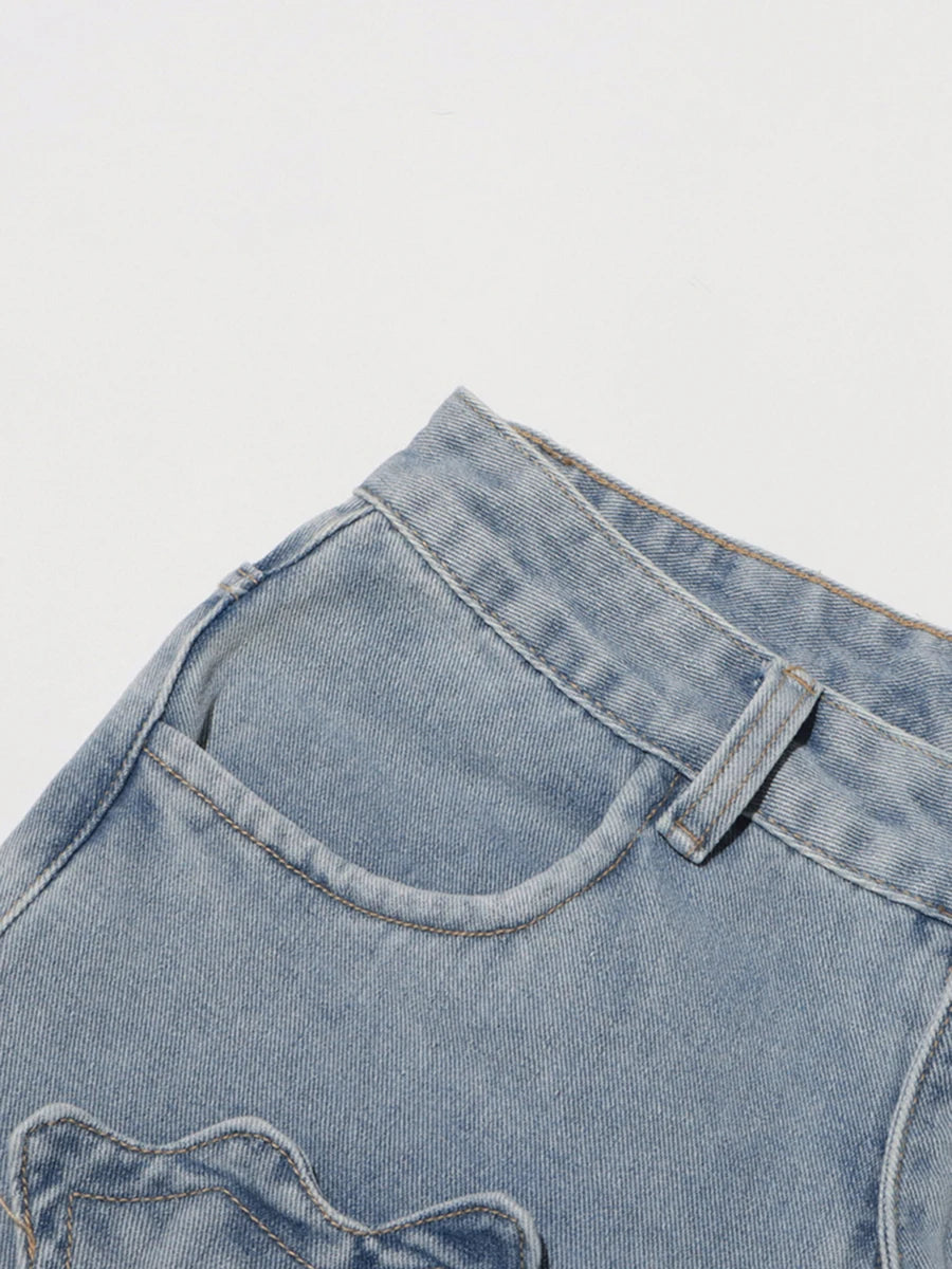 Floral Design Sense Casual Denim Trousers For Women High Waist Spliced Button  Loose Wide Leg Pants