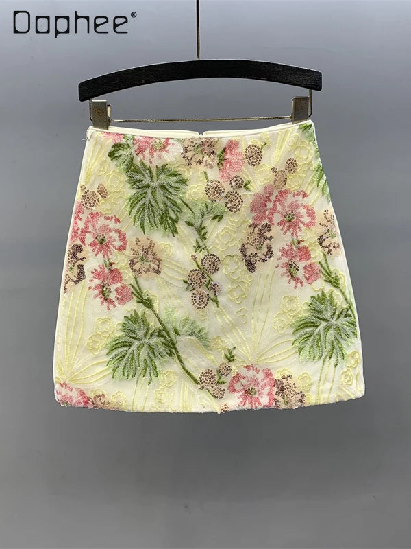 Floral Sequined Mini Skirt With High Waist Glam Inspired Retro Vibe