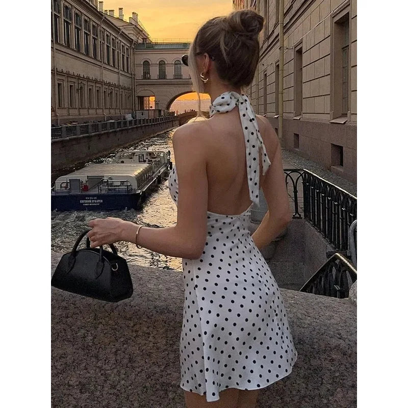 Elegant Off Shoulder Polka Dot Mini Dress Sleeveless Backless High Waist