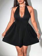 Plus Size Lace Trim V Neck Sleeveless Puff Evening Dress