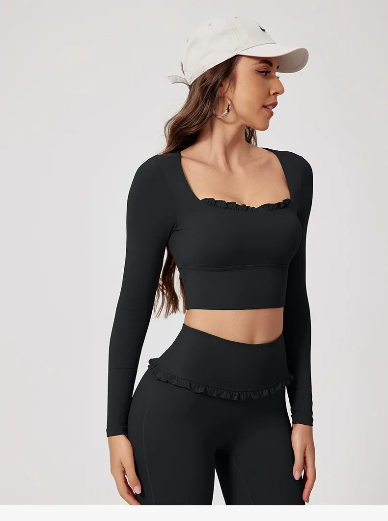 Women Shirts Long Sleeve for Yoga Crop Top Square Neck Workout Clothing with Chest Pads Fitness