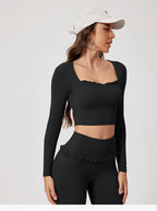 Women Shirts Long Sleeve for Yoga Crop Top Square Neck Workout Clothing with Chest Pads Fitness