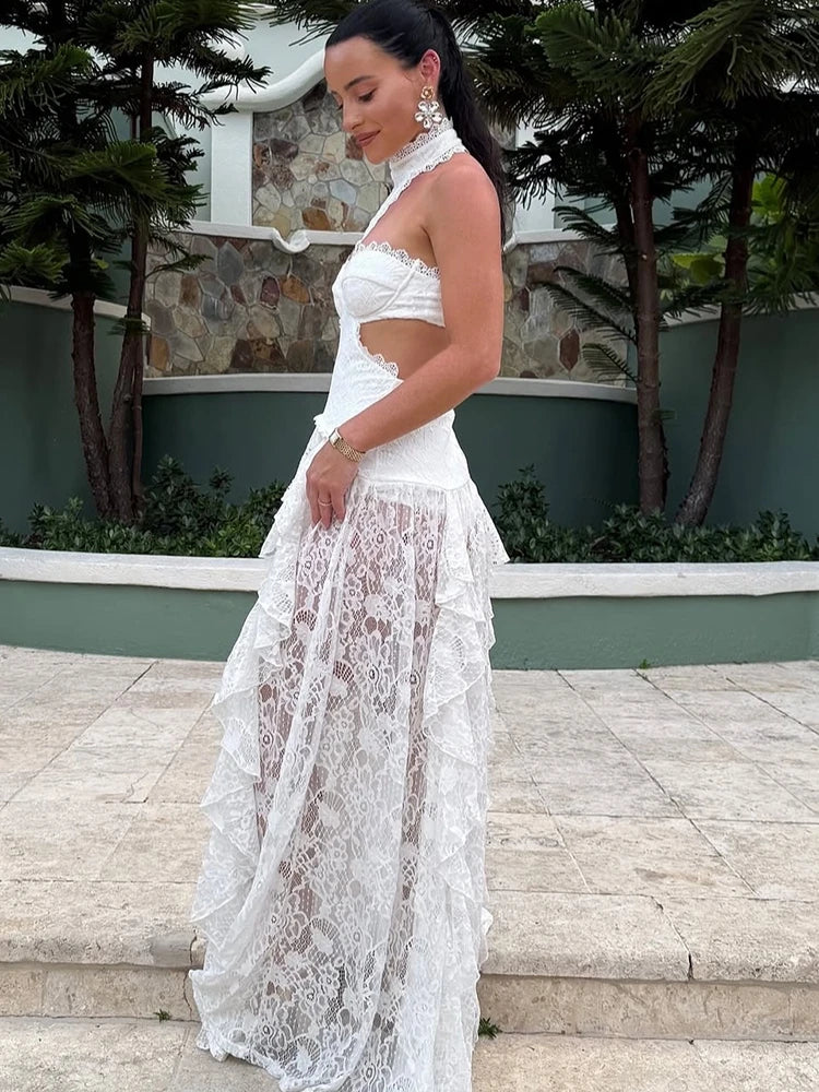 Lace Patchwork Halter Dress With Sheer Panels Elegant Gown
