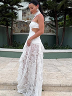 Lace Patchwork Halter Dress With Sheer Panels Elegant Gown