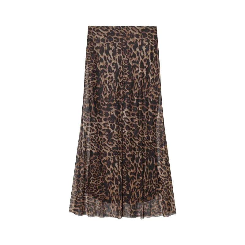 Vintage Leopard Print Mesh Long Skirt With Empire Waist Flowy Tulle