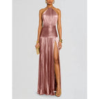 Off Shoulder Corset Halter Evening Gown With Slit