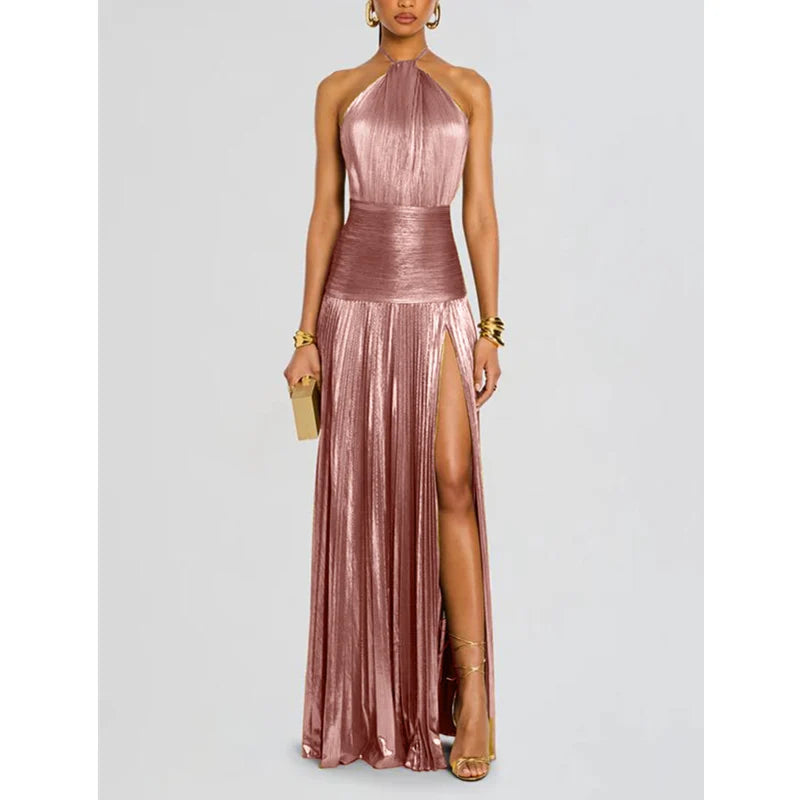 Off Shoulder Corset Halter Evening Gown With Slit