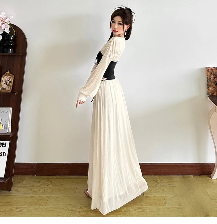 Chic Color Block Dress With Cinched Waist And V Neck