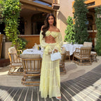 Women Fashion Yellow Off Shoulder Ruffled Two Piece Set Long Sleeve Crop Top Tiered Maxi Skirt