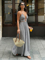 Sea Breeze Striped Deep V Beach Dress With Backless Sleeveless Maxi