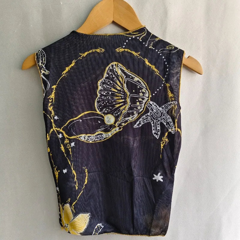 Mesh Print Tank Top With High Collar Slim Fit Cropped