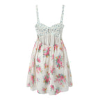 Contrast Color Floral Print Sling Mini V neck Spliced Chest Push Up Back Backless Short Dress