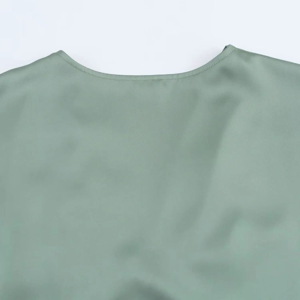 Elegant l Solid Satin Midi Dress With V Neck And Short Sleeves