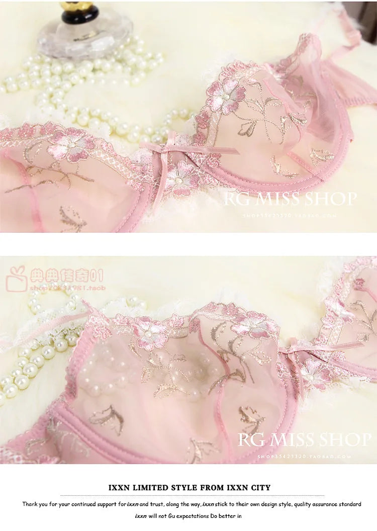 Lace Set With Embroidered Details Two-piece Sheer Push Up Bra And Matching Briefs