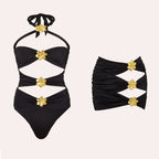 Off Shoulder Patchwork Belted One Piece Swimsuit With Cover Up for Beachside