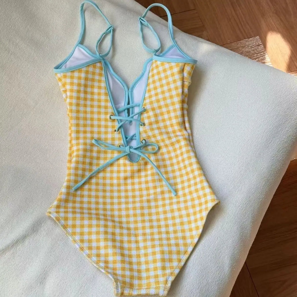 Sunny Gingham Spaghetti Strap V Neck One Piece Swimsuit With Lace Up Detailing And Light Blue Cover Up Skirt