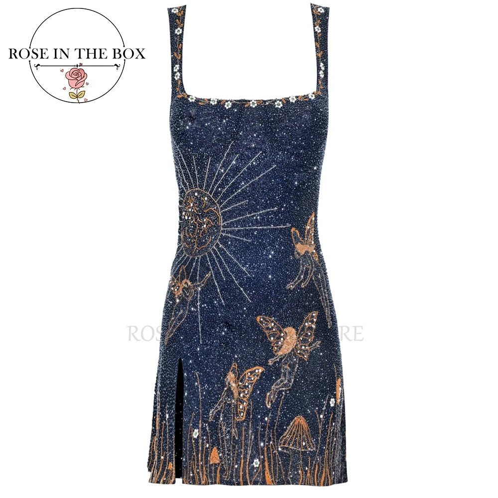 Beaded Navy And Gold Mini Evening Dress With Hand Embroidered Details And Thin Straps