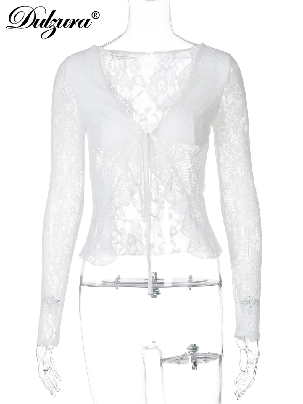 Lace Up See Through Cardigan Top With Ruffle Lace Trim For Women Elegant Retro Inspired Party Top