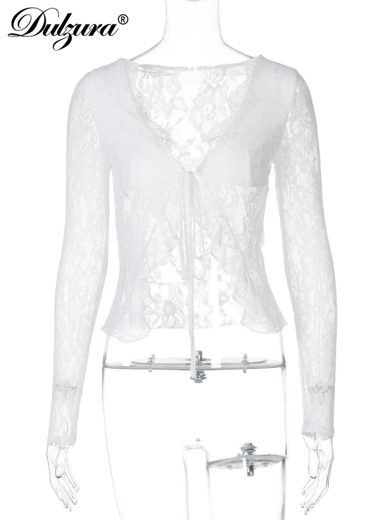 Lace Up See Through Cardigan Top With Ruffle Lace Trim For Women Elegant Retro Inspired Party Top