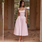 Gingham Square Neck A-Line Midi Dress With Pockets